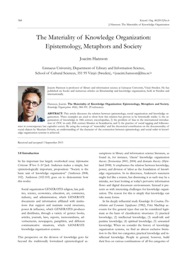 The Materiality of Knowledge Organization: Epistemology, Metaphors and Society