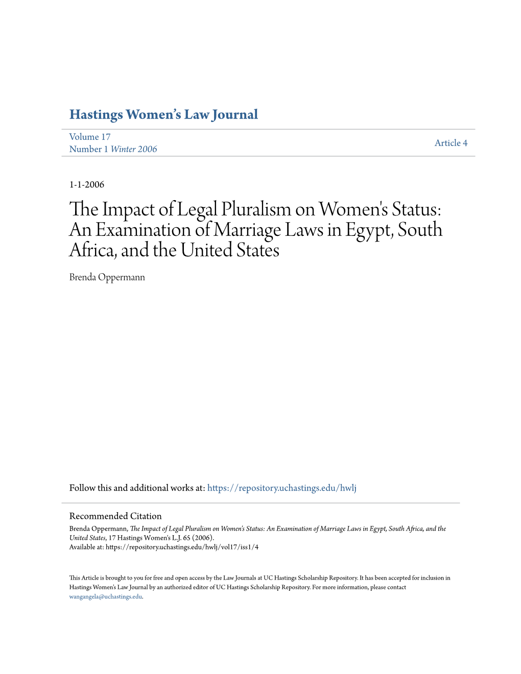 The Impact of Legal Pluralism on Women's Status: an Examination of Marriage Laws in Egypt, South Africa, and the United States, 17 Hastings Women's L.J
