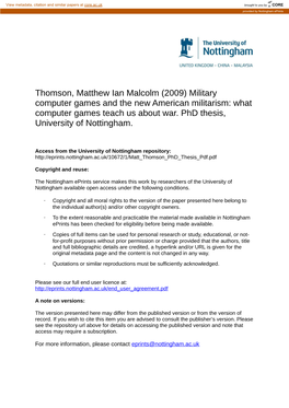 Thomson, Matthew Ian Malcolm (2009) Military Computer Games and the New American Militarism: What Computer Games Teach Us About War
