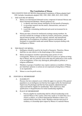 The Constitution of Mensa the CONSTITUTION of MENSA [International Constitution of Mensa Adopted April 1982