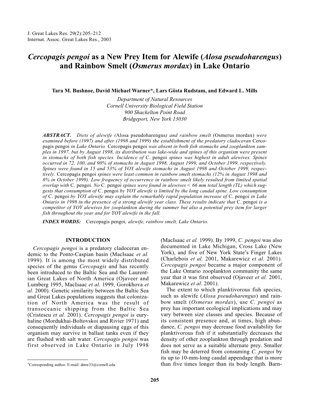 Cercopagis Pengoi As a New Prey Item for Alewife (Alosa Pseudoharengus) and Rainbow Smelt (Osmerus Mordax) in Lake Ontario