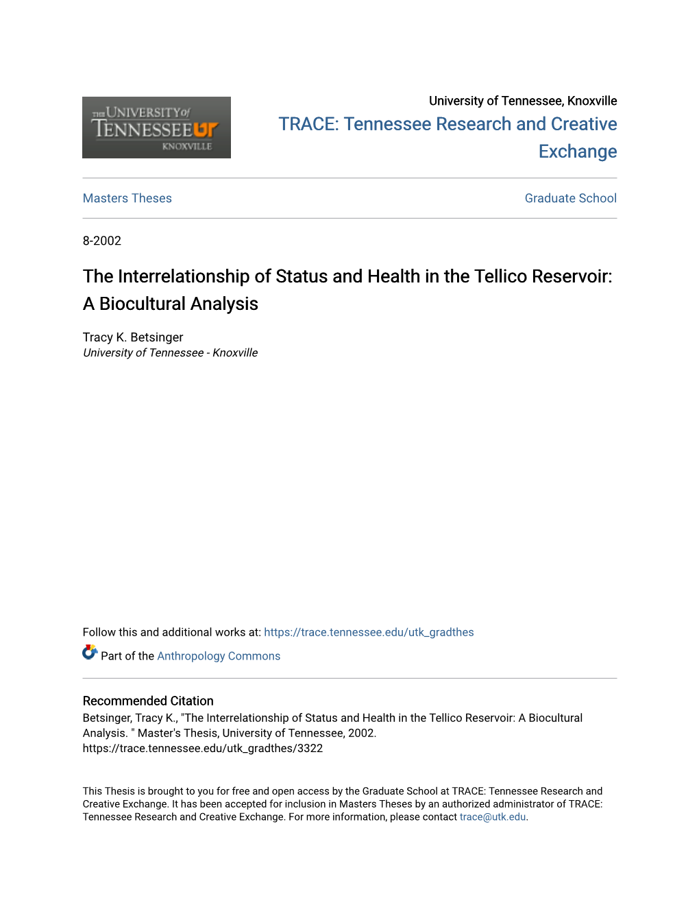 The Interrelationship of Status and Health in the Tellico Reservoir: a Biocultural Analysis