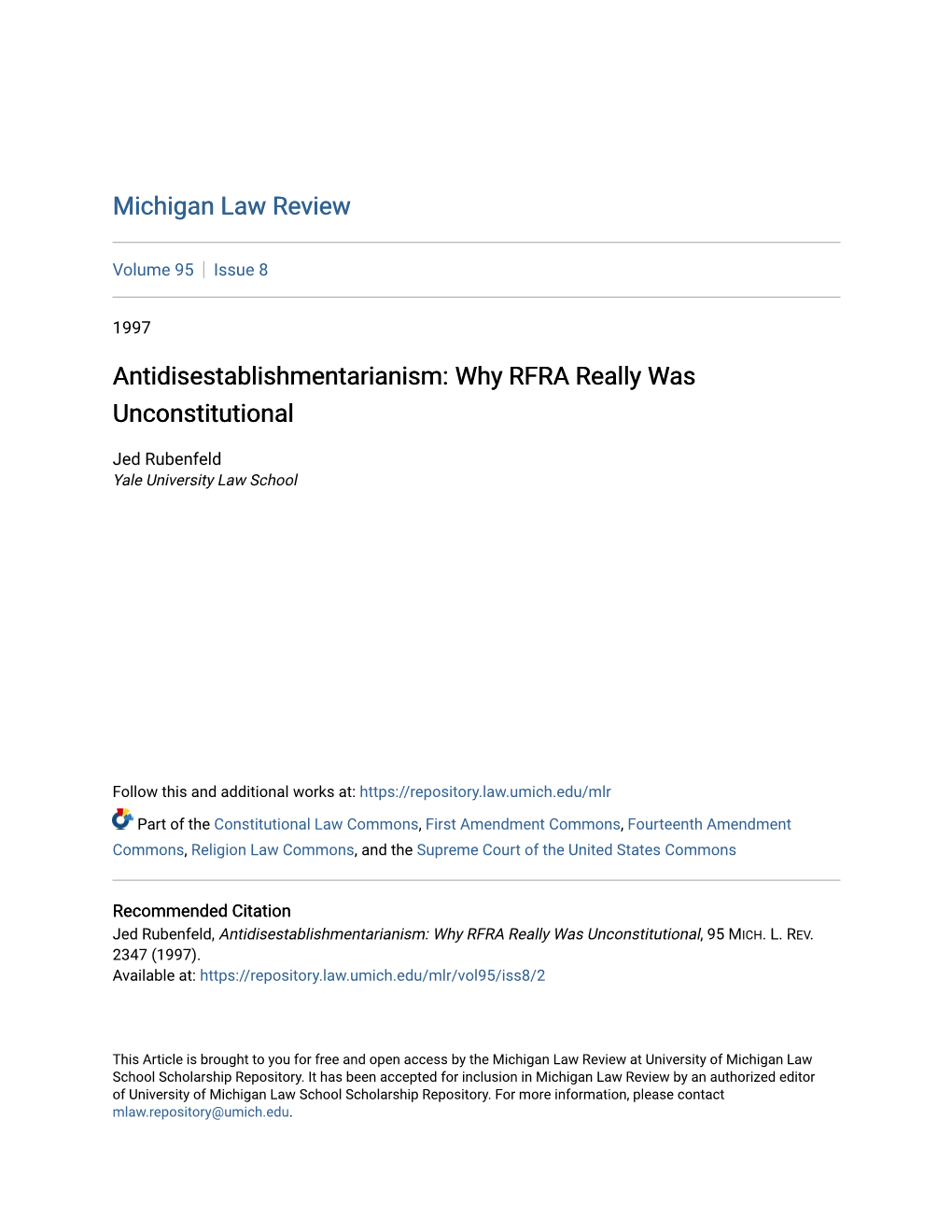 Antidisestablishmentarianism: Why RFRA Really Was Unconstitutional