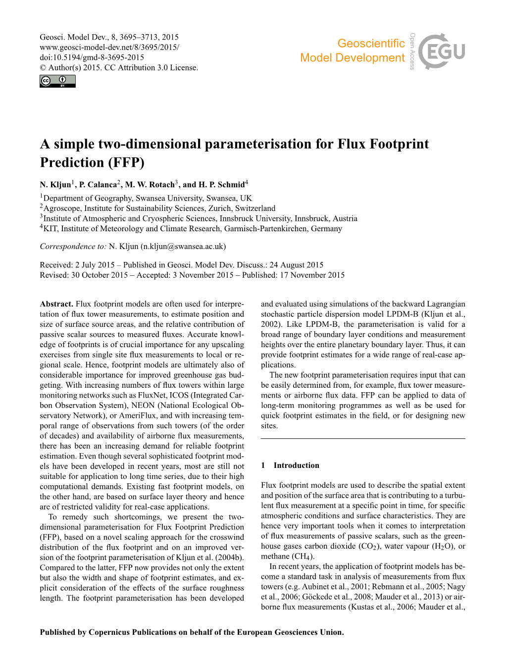 A Simple Two-Dimensional Parameterisation for Flux Footprint Prediction (FFP)
