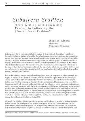 Subaltern Studies: ‘From Writing with (Socialist) Passion to Following the (Postmodern) Fashion’ 1