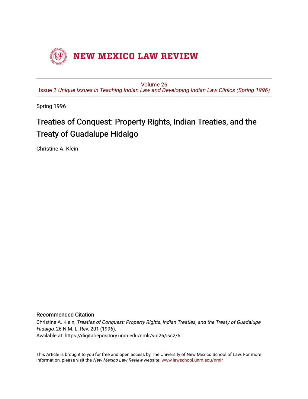 Property Rights, Indian Treaties, and the Treaty of Guadalupe Hidalgo