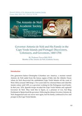 Governor Antonio De Noli and His Family in the Cape Verde Islands and Portugal: Discoverers, Colonizers, and Governors, 1460-1704