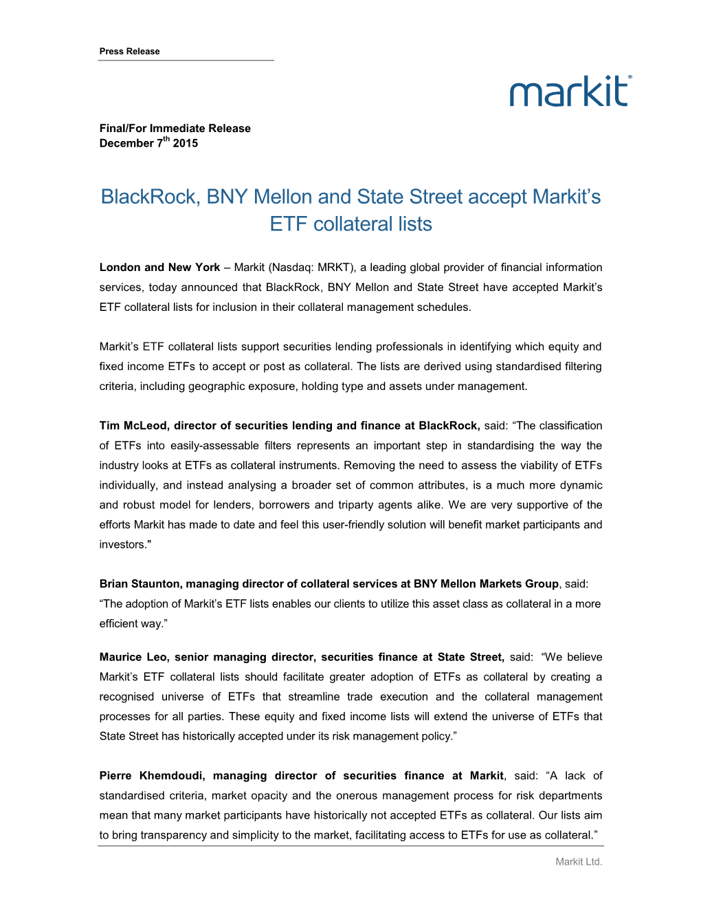 Blackrock, BNY Mellon and State Street Accept Markit's ETF Collateral