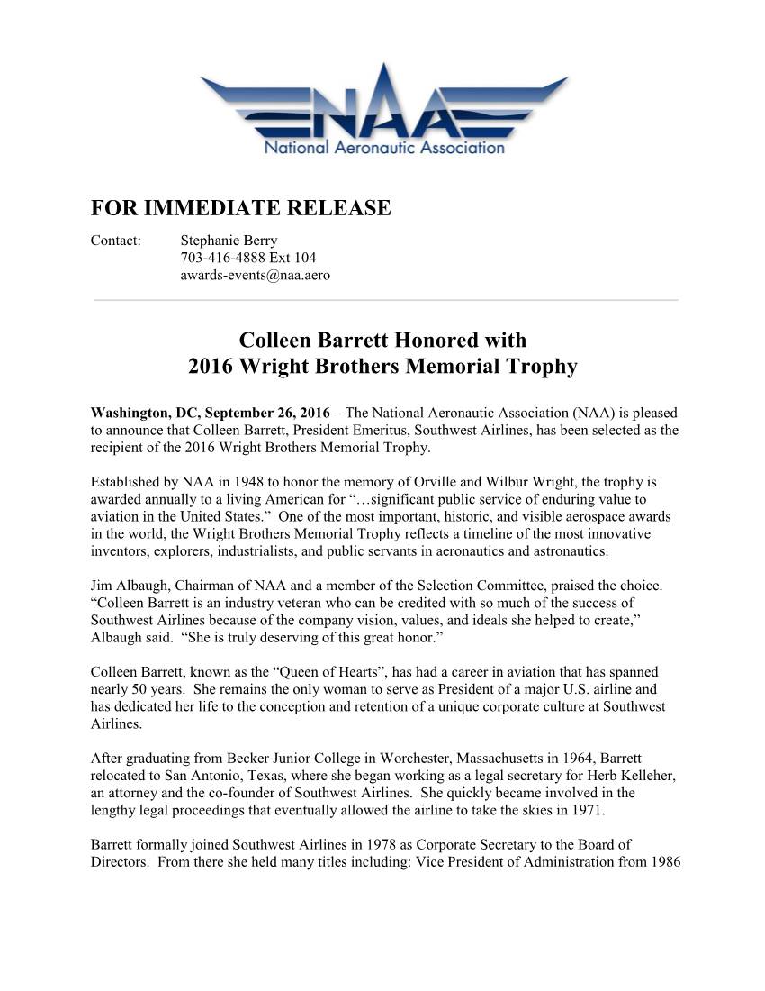 FOR IMMEDIATE RELEASE Colleen Barrett Honored with 2016 Wright