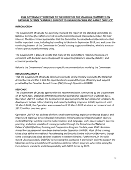 Full Government Response to the Report of the Standing Committee on National Defence “Canada’S Support to Ukraine in Crisis and Armed Conflict”