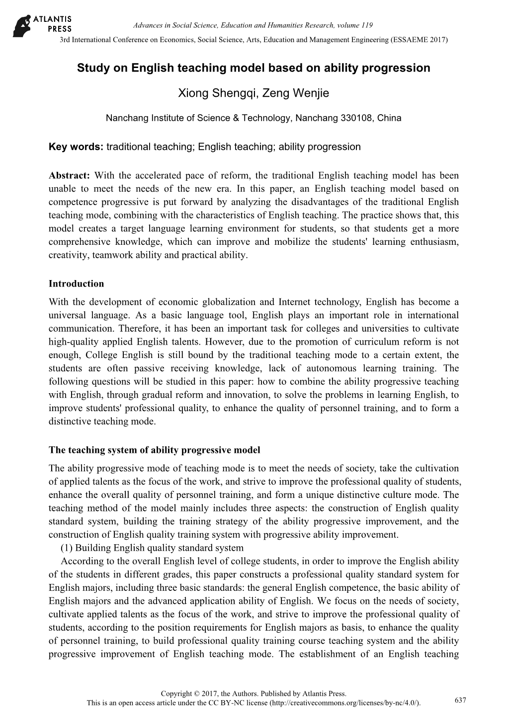 Study on English Teaching Model Based on Ability Progression Xiong