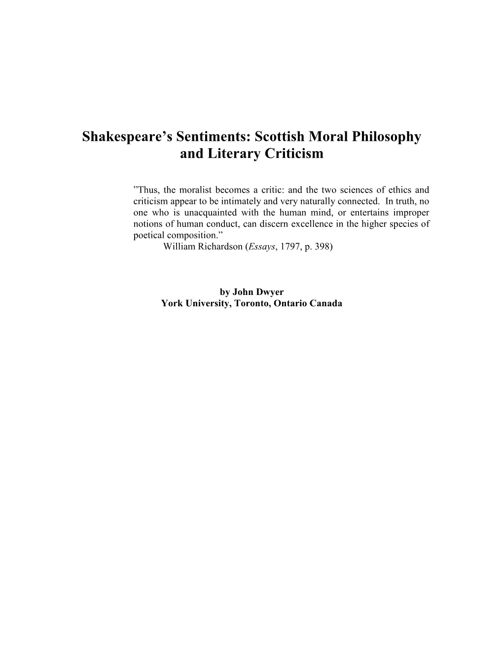 Shakespeare's Sentiments: Scottish Moral Philosophy and Literary Criticism