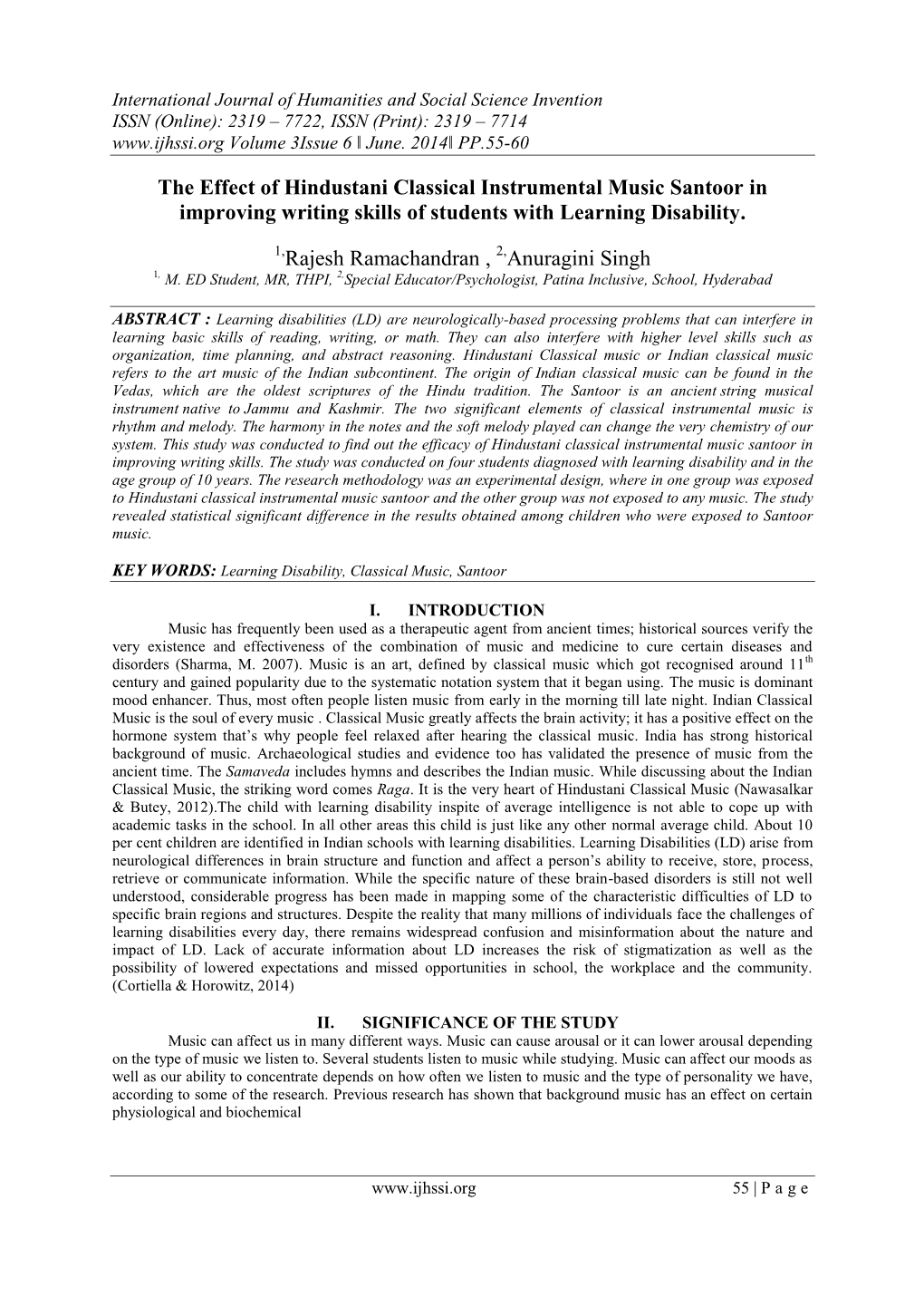 The Effect of Hindustani Classical Instrumental Music Santoor in Improving Writing Skills of Students with Learning Disability