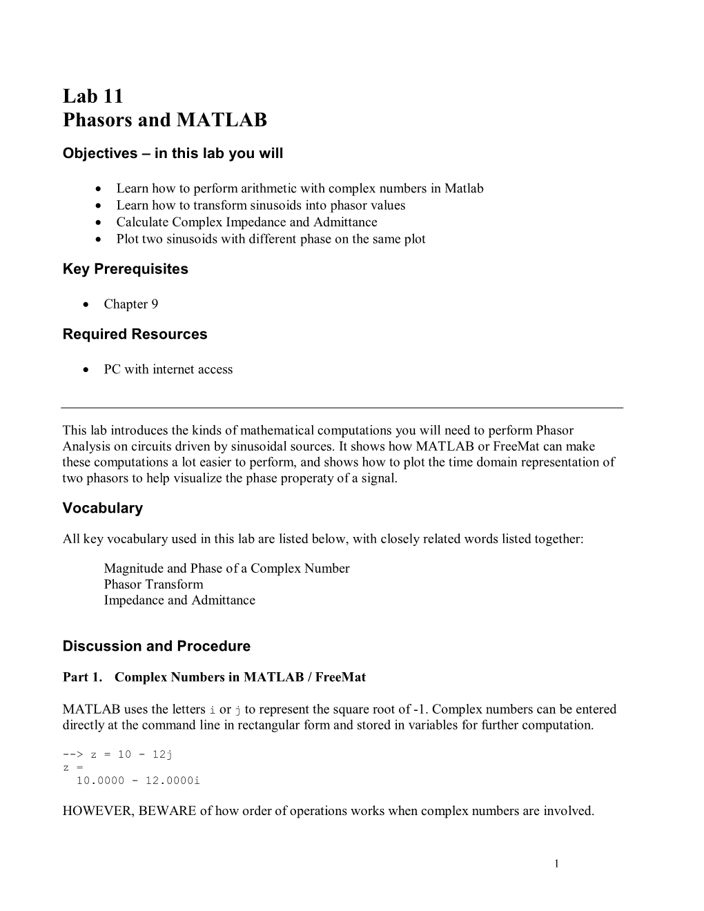 Lab 11 Phasors and MATLAB