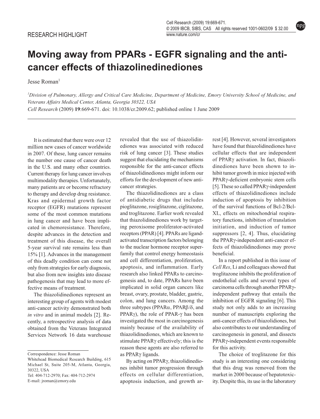 EGFR Signaling and the Anti- Cancer Effects of Thiazolinedinediones Jesse Roman1