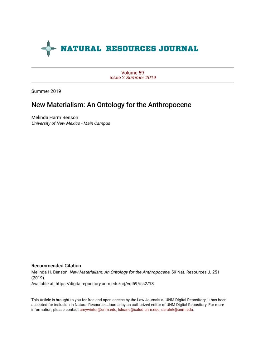 New Materialism: an Ontology for the Anthropocene
