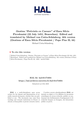 Oration “Petivistis Ex Caesare” of Enea Silvio Piccolomini (22 July 1451, Beneschau)