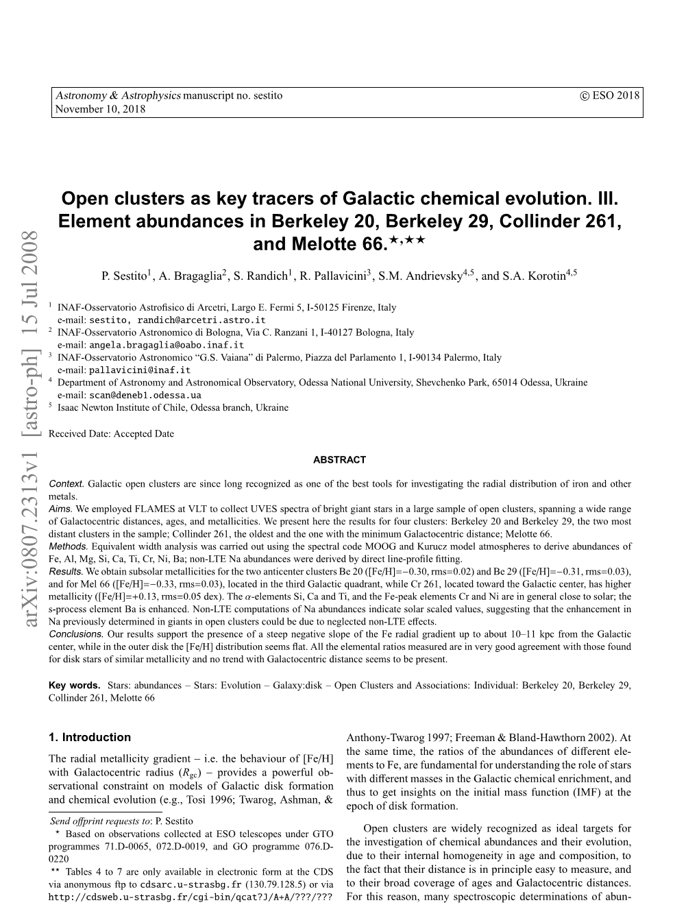 Arxiv:0807.2313V1 [Astro-Ph] 15 Jul 2008 E Words