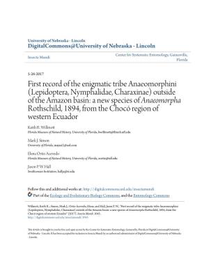Lepidoptera, Nymphalidae, Charaxinae) Outside of the Amazon Basin: a New Species of Anaeomorpha Rothschild, 1894, from the Chocó Region of Western Ecuador Keith R