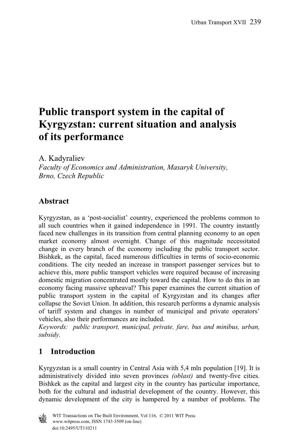 Public Transport System in the Capital of Kyrgyzstan: Current Situation and Analysis of Its Performance