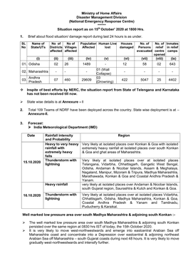 Situation Report As on 15.10.2020 At