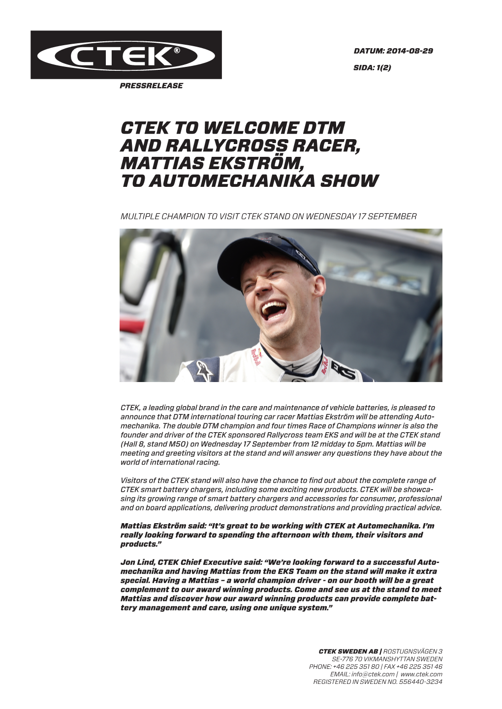 Ctek to Welcome Dtm and Rallycross Racer, Mattias Ekström, to Automechanika Show