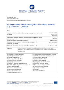 European Union Herbal Monograph on Cetraria Islandica (L.) Acharius S.L., Thallus