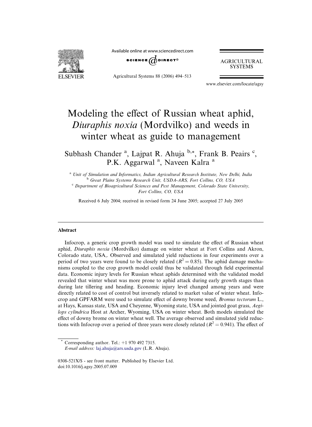 Modeling the Effect of Russian Wheat Aphid, Diuraphis Noxia (Mordvilko) and Weeds in Winter Wheat As Guide to Management