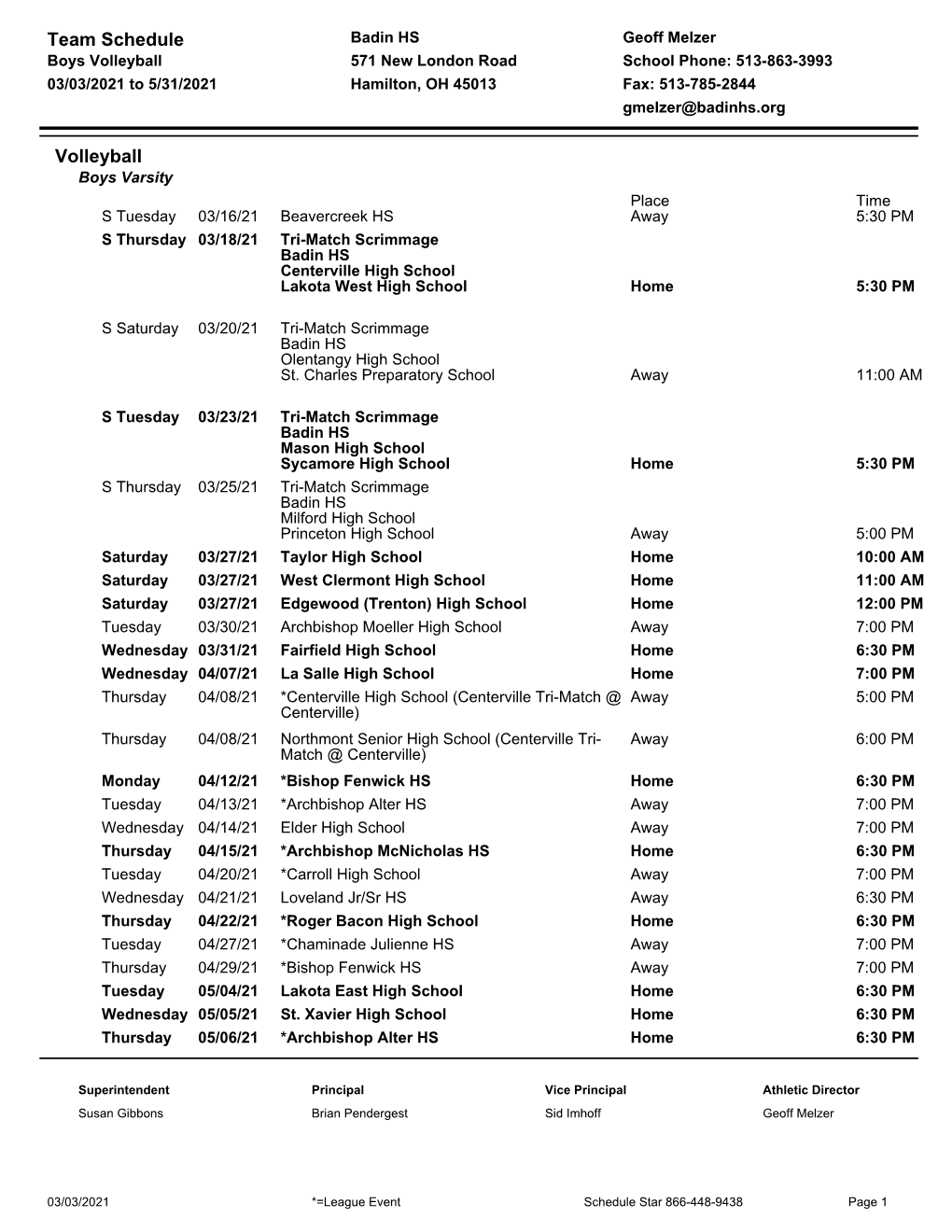 Team Schedule Volleyball