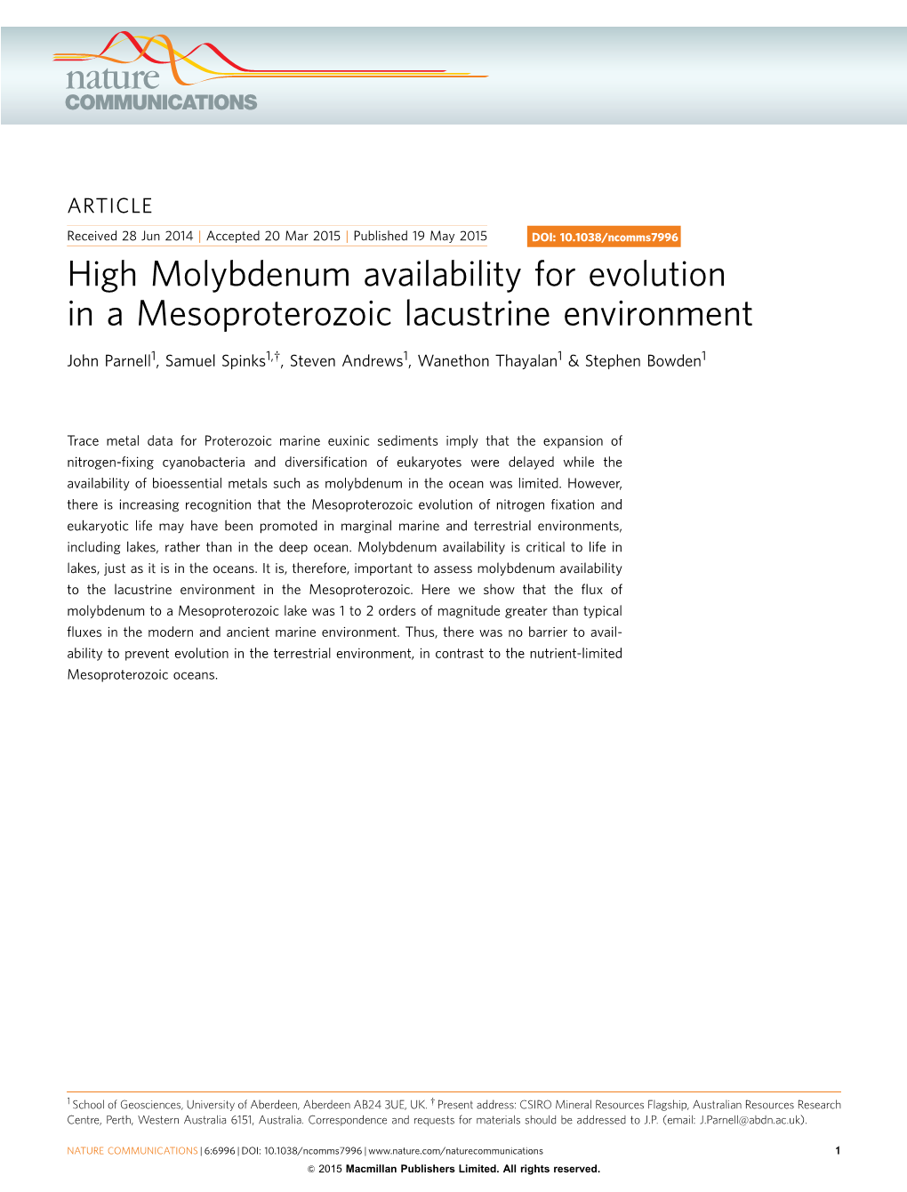 High Molybdenum Availability for Evolution in a Mesoproterozoic Lacustrine Environment