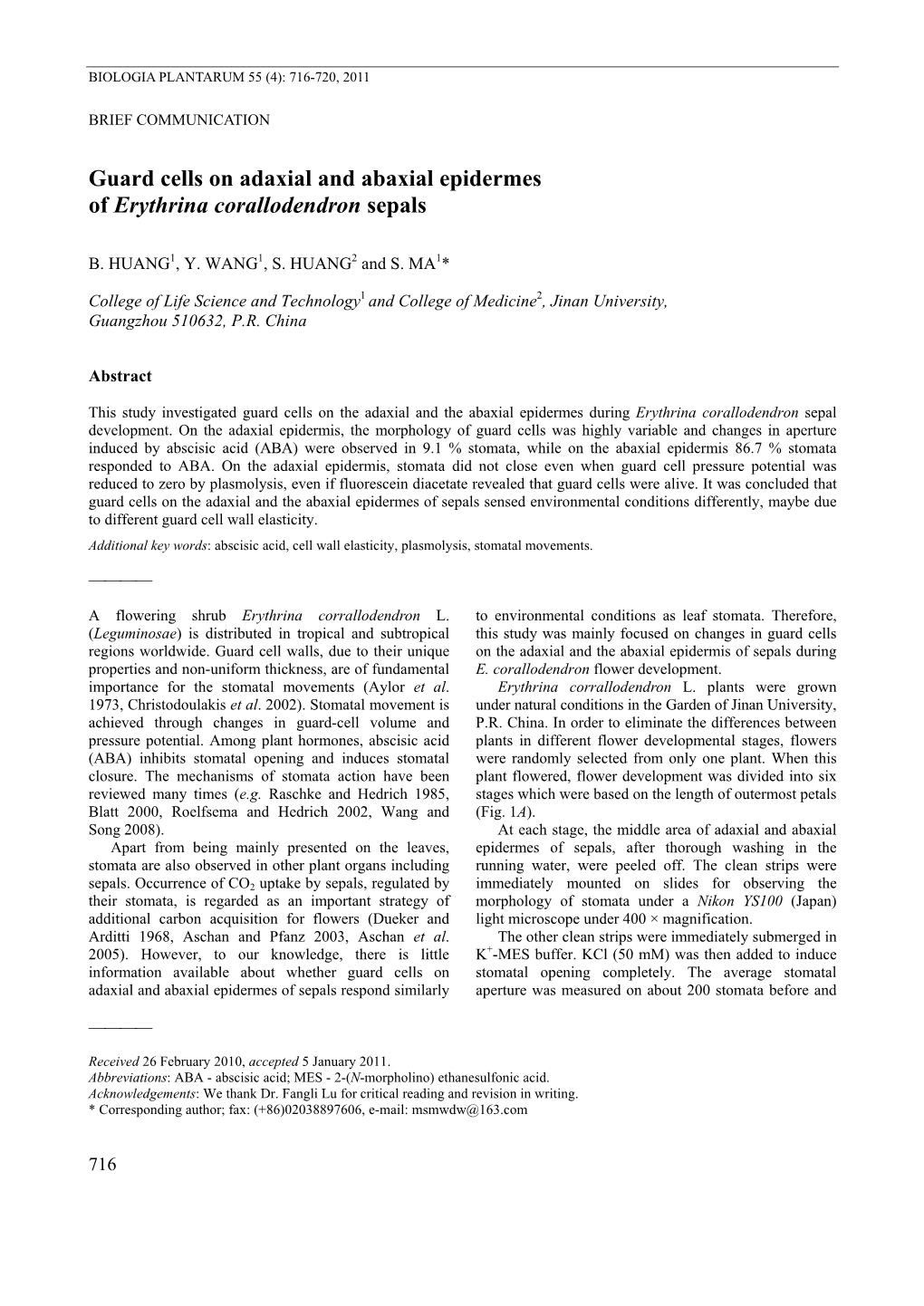 Guard Cells on Adaxial and Abaxial Epidermes of Erythrina Corallodendron Sepals