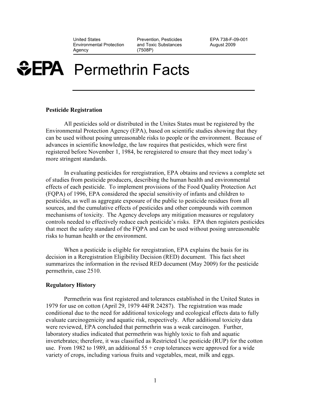 Ust 2009 Agency (7508P) Permethrin Facts �