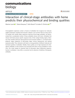 Interaction of Clinical-Stage Antibodies with Heme Predicts Their Physiochemical and Binding Qualities ✉ Maxime Lecerf 1, Alexia Kanyavuz1,Soﬁa Rossini1 & Jordan D