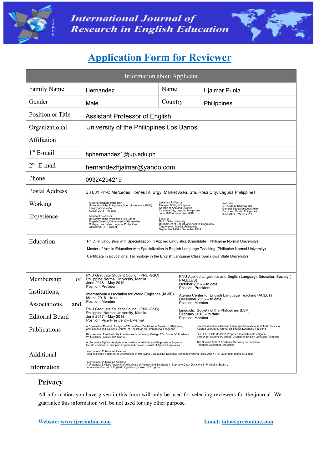 Application Form for Reviewer