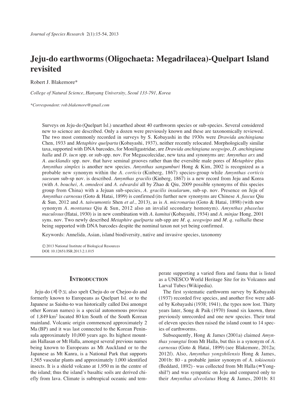 Jeju-Do Earthworms (Oligochaeta: Megadrilacea)-Quelpart Island Revisited