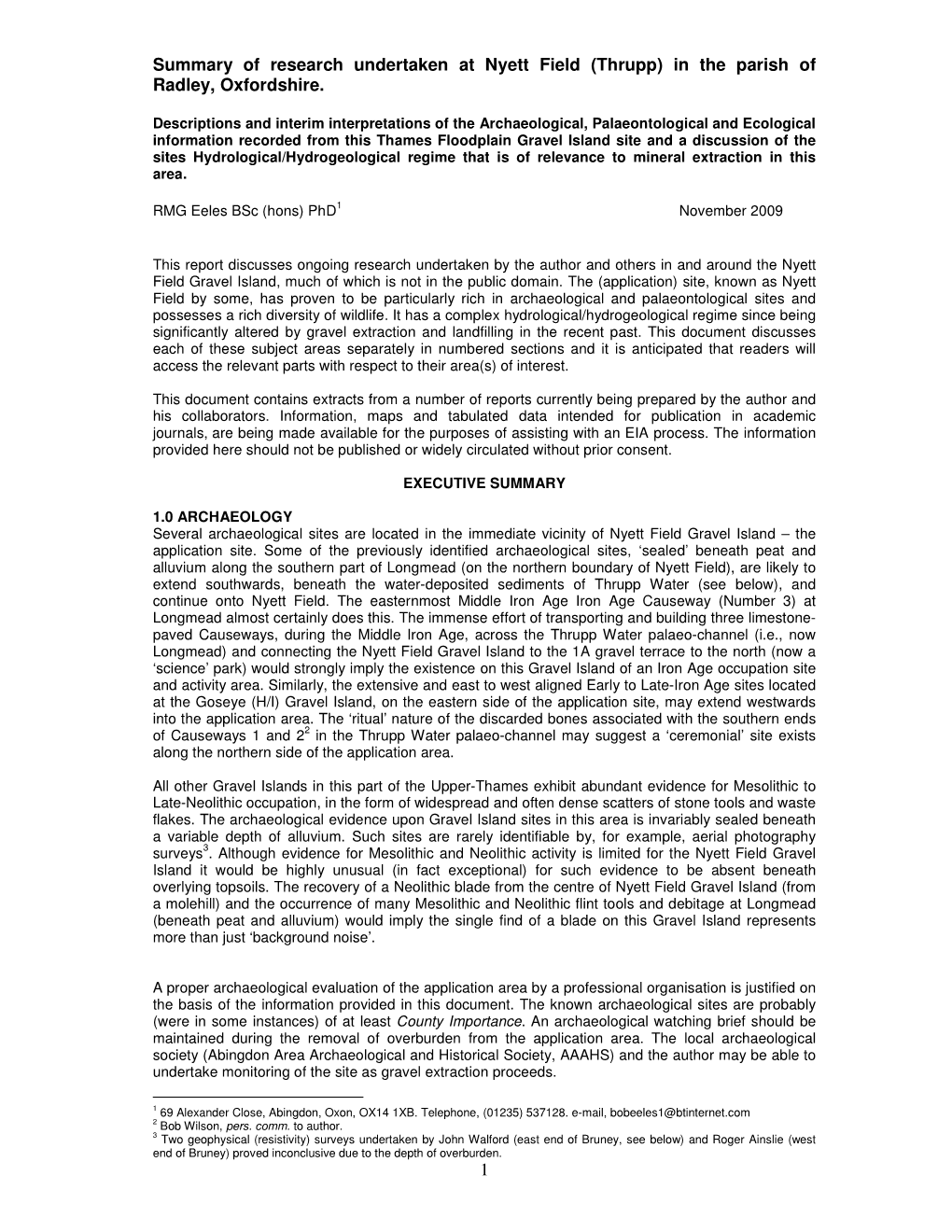 Summary of Research Undertaken at Nyett Field (Thrupp) in the Parish of Radley, Oxfordshire