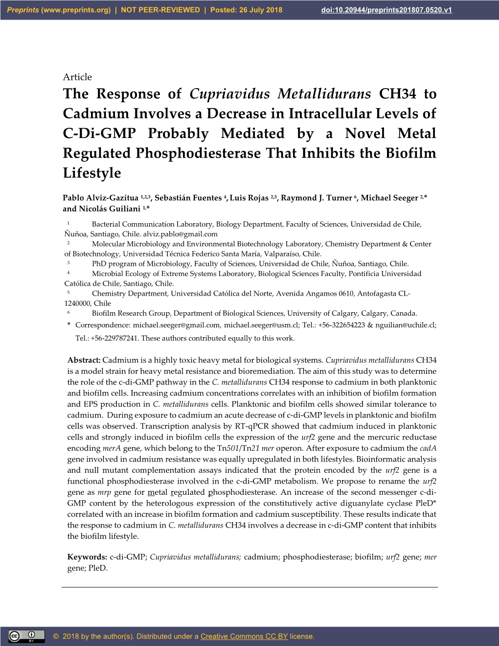 The Response of Cupriavidus Metallidurans CH34 to Cadmium