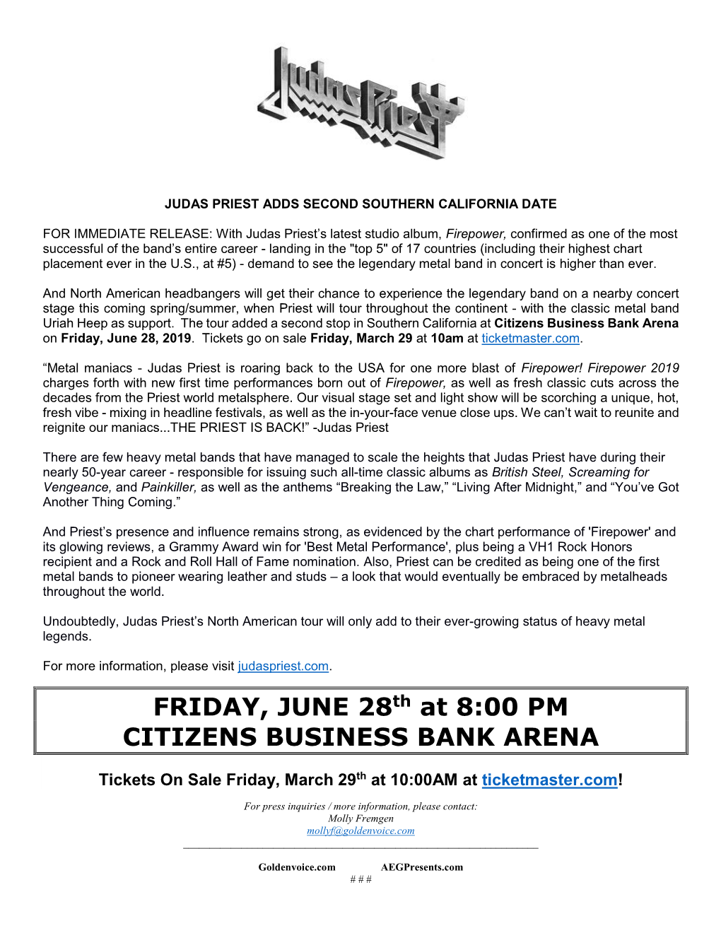 FRIDAY, JUNE 28Th at 8:00 PM CITIZENS BUSINESS BANK ARENA