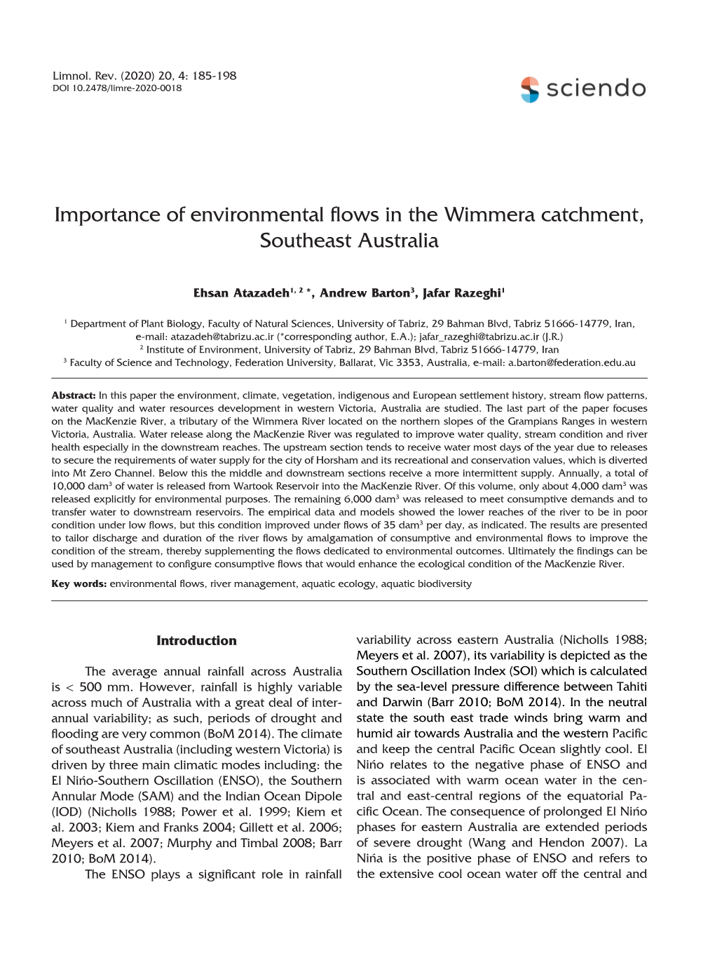 Importance of Environmental Flows in the Wimmera Catchment, Southeast Australia