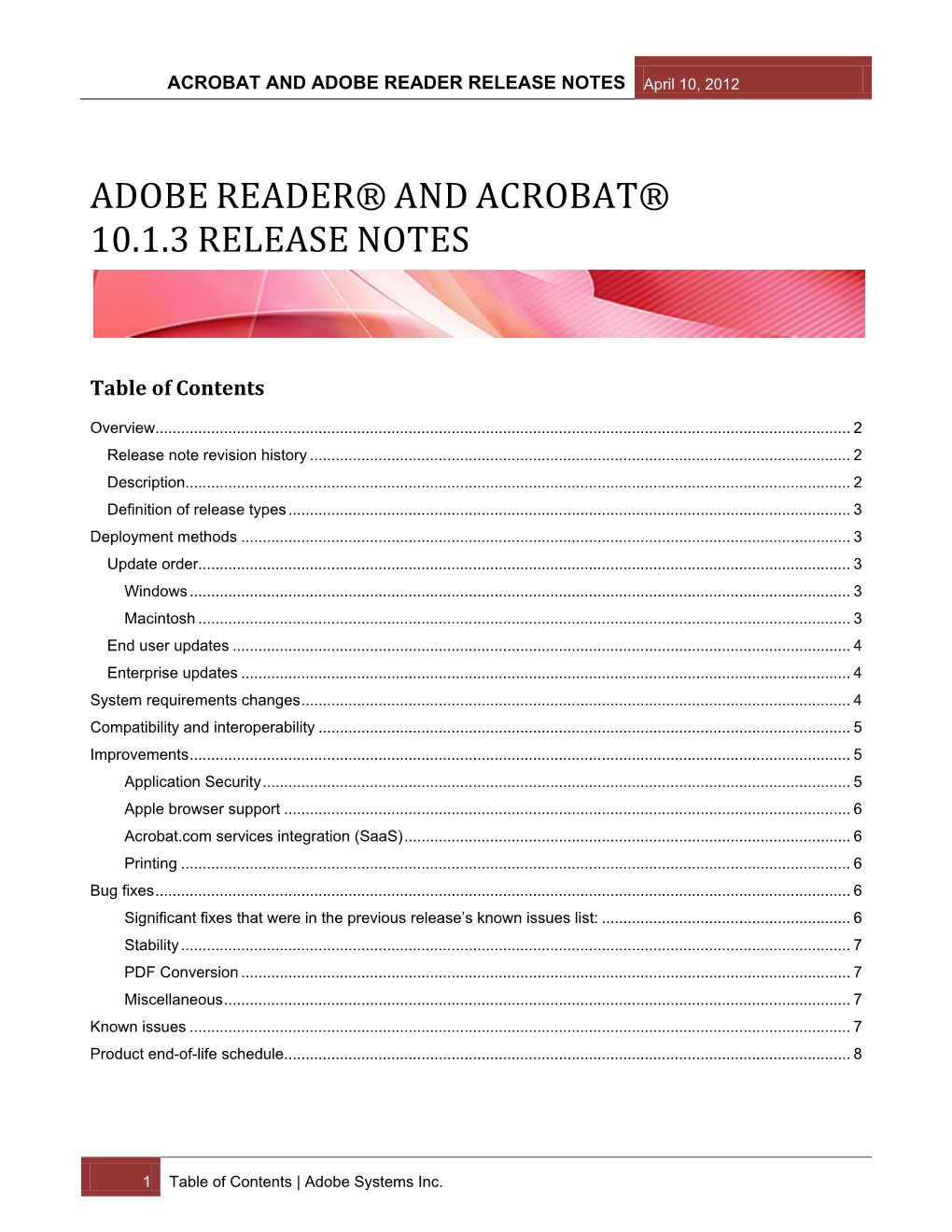 ACROBAT and ADOBE READER RELEASE NOTES April 10, 2012