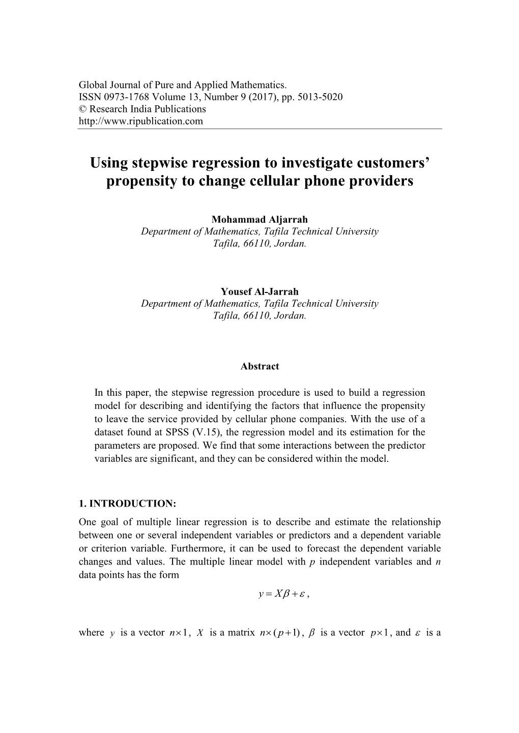 Using Stepwise Regression to Investigate Customers' Propensity to Change Cellular Phone Providers