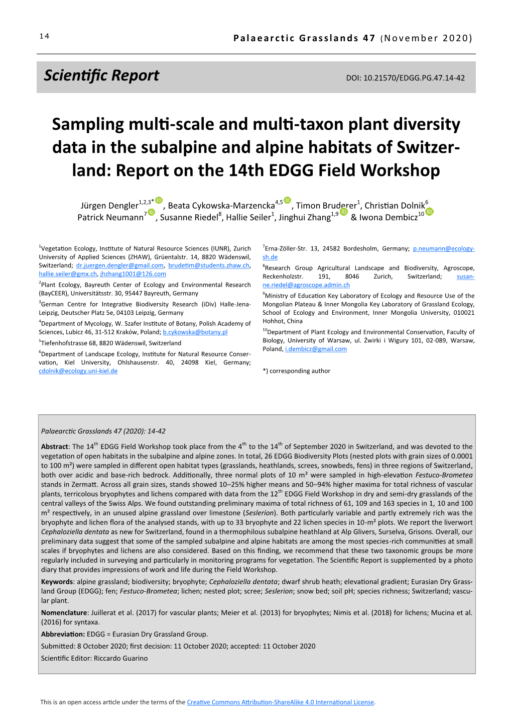 Sampling Multi-Scale and Multi-Taxon Plant Diversity Data in the Subalpine and Alpine Habitats of Switzerland : Report on the 14