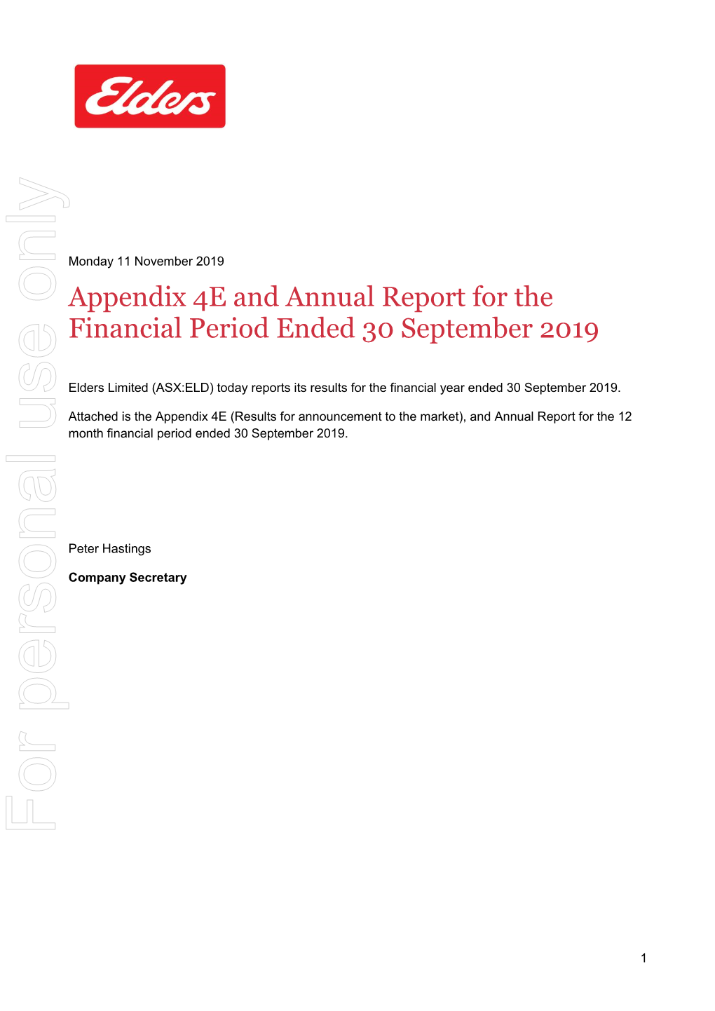 2019 Appendix 4E and Annual Report for the Financial Period Ended 30 September 2019