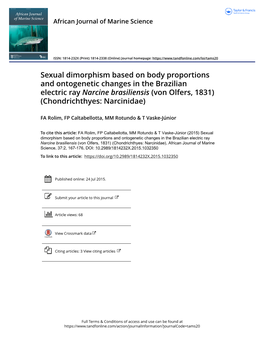 Sexual Dimorphism Based on Body Proportions and Ontogenetic Changes in the Brazilian Electric Ray Narcine Brasiliensis (Von Olfers, 1831) (Chondrichthyes: Narcinidae)