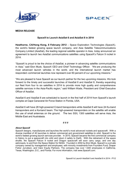 MEDIA RELEASE Spacex to Launch Asiasat 6 and Asiasat 8 in 2014