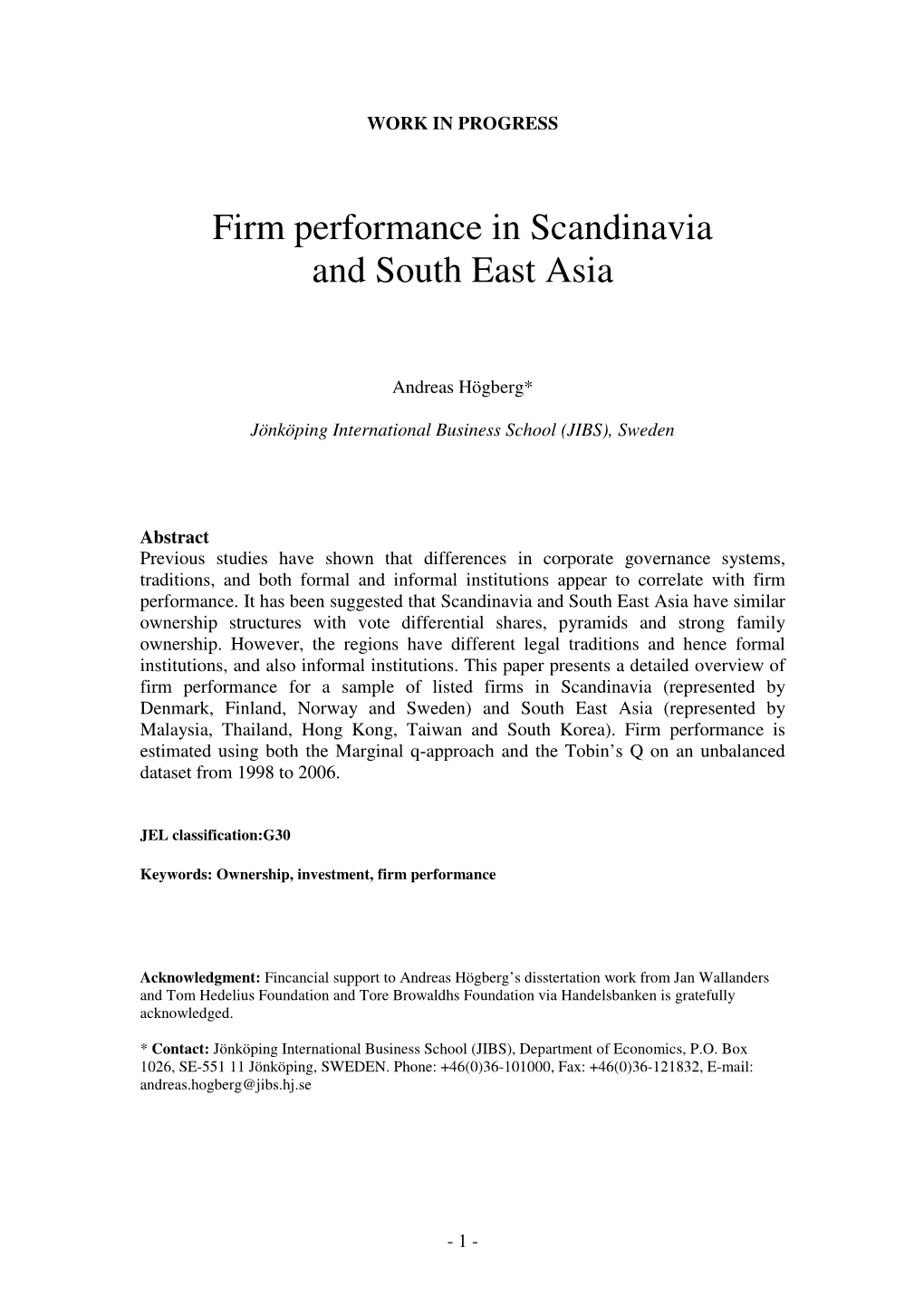 Firm Performance in Scandinavia and South East Asia
