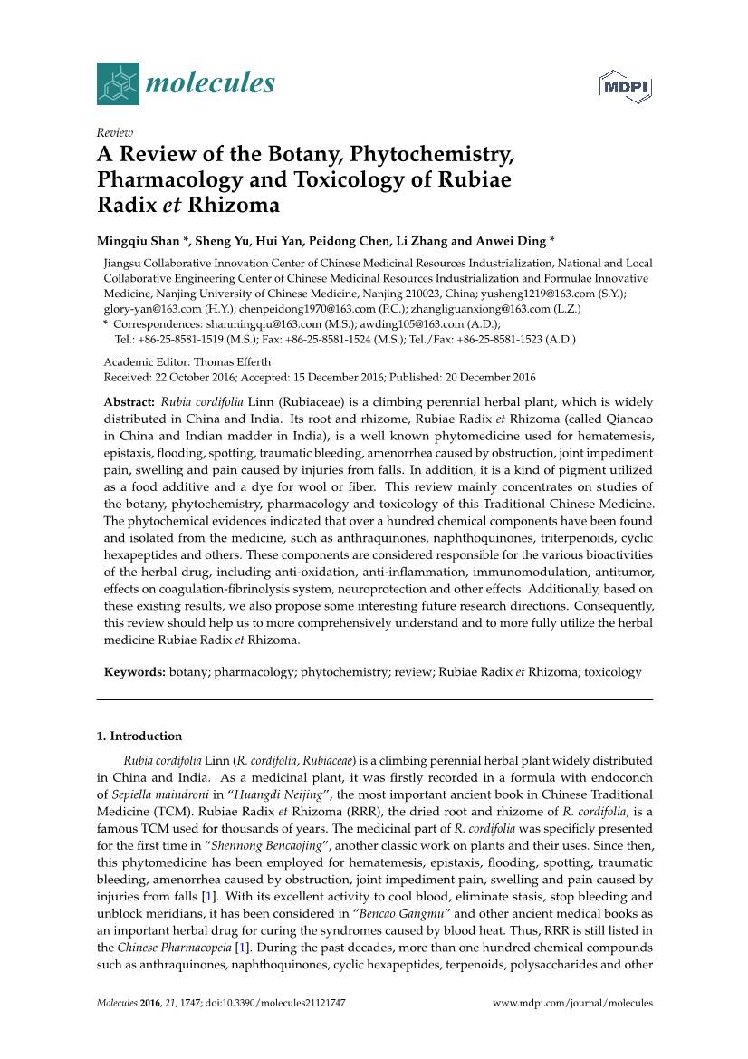 A Review of the Botany, Phytochemistry, Pharmacology and Toxicology of Rubiae Radix Et Rhizoma