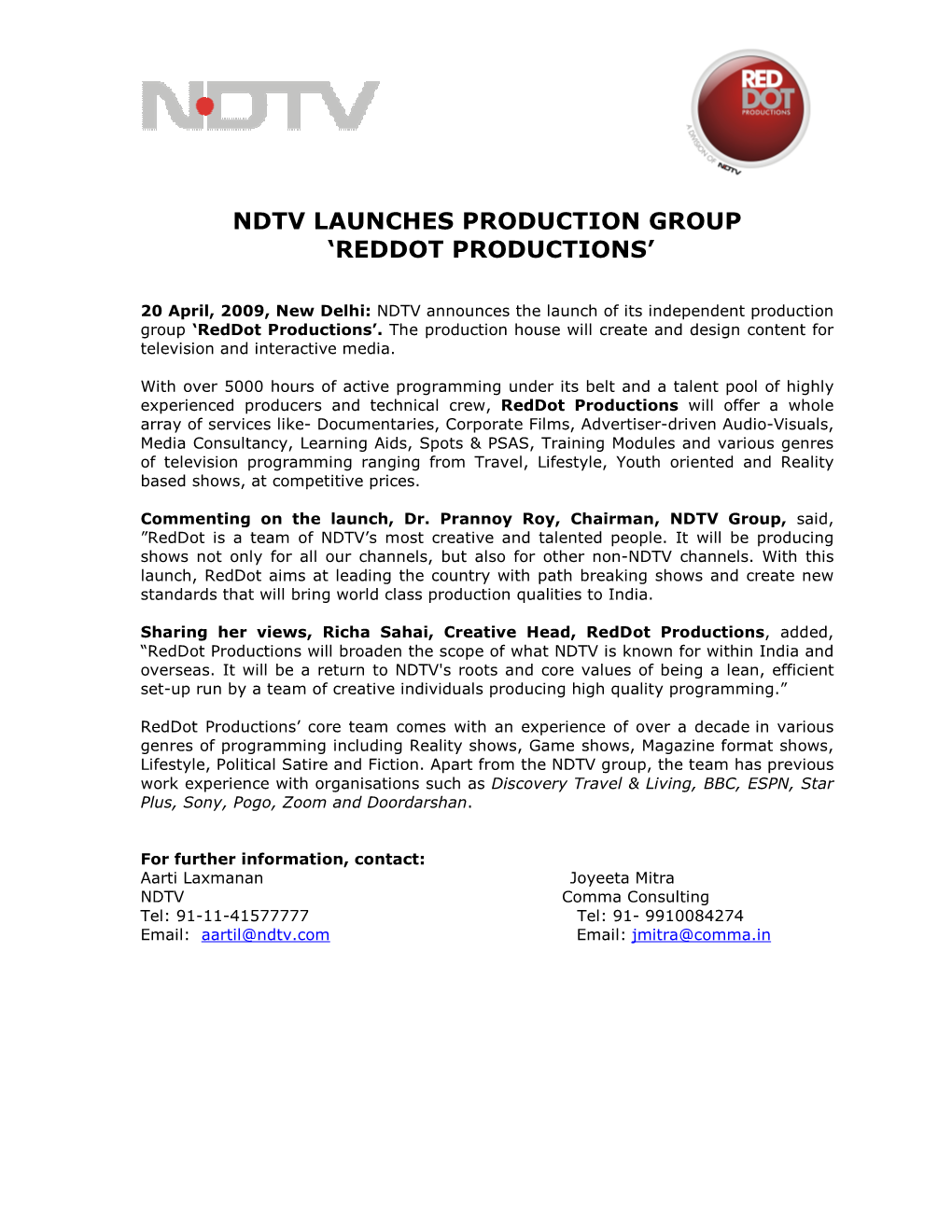 Ndtv Launches Production Group 'Reddot Productions'