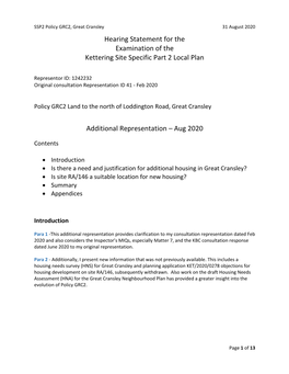 Hearing Statement for the Examination of the Kettering Site Specific Part 2 Local Plan Additional Representation – Aug 2020