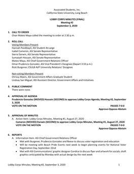 Lobby Corps Minutes, Meeting #2, September 3, 2020 1 Associated